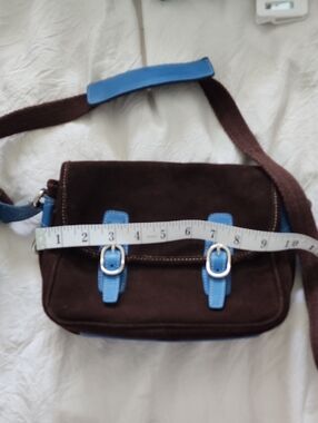 Brown Suede Crossbody Bag with Blue Trim